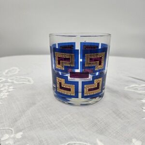 One Vtg 60s MCM Gold Greek Key 4oz Rock Glass Barware Gold‎ Blue Red